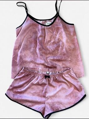 Dkny Vintage y2k Pink Satin Cami & Short Set with Black Trim